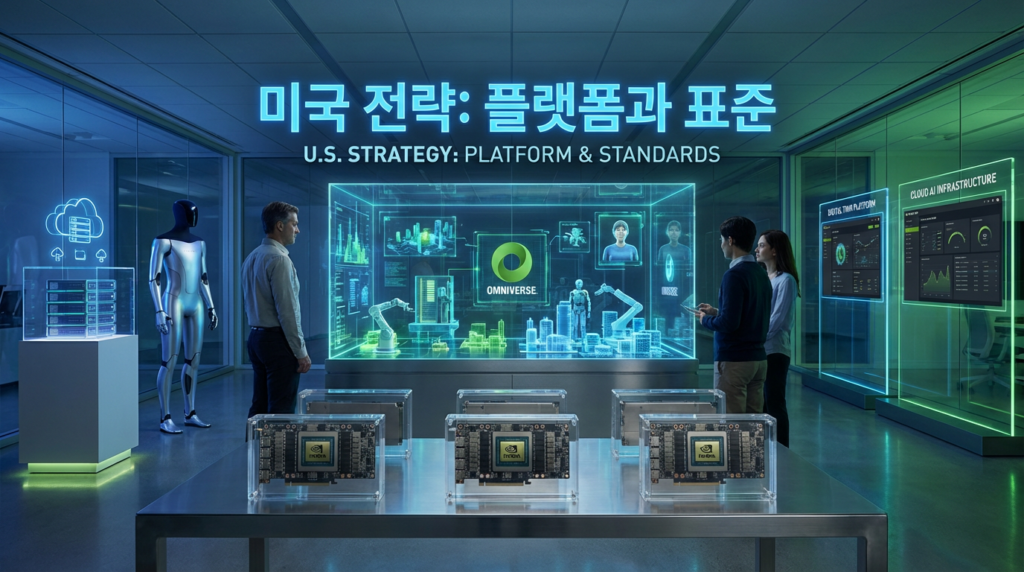 엔비디아 GPU, 시뮬레이션 환경, AI 플랫폼을 중심으로 한 미국의 전략적 접근을 시각화