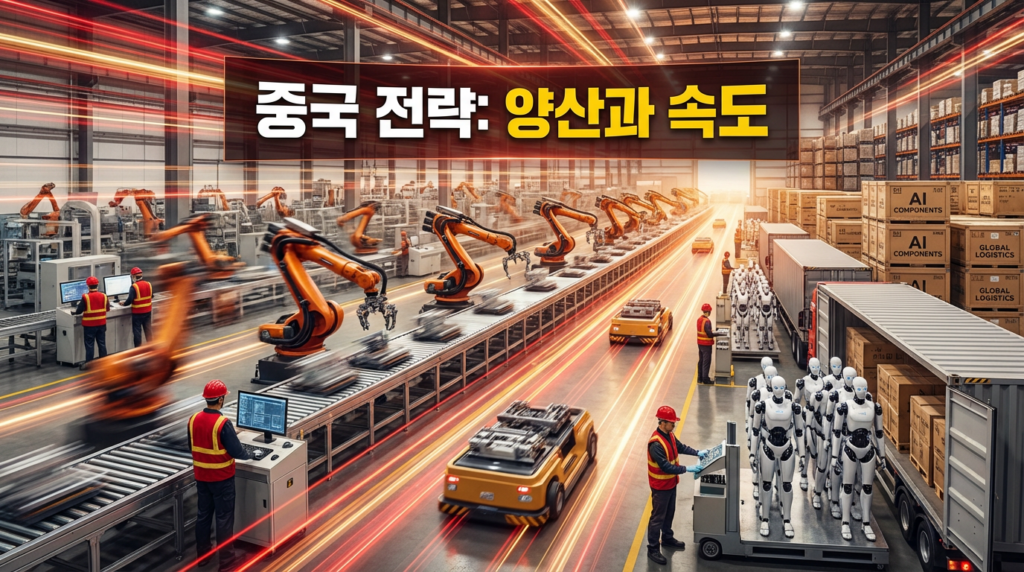 빠른 속도의 제조 공정, 공급망 통제, 대규모 현장 배치를 보여주는 중국 전략 이미지