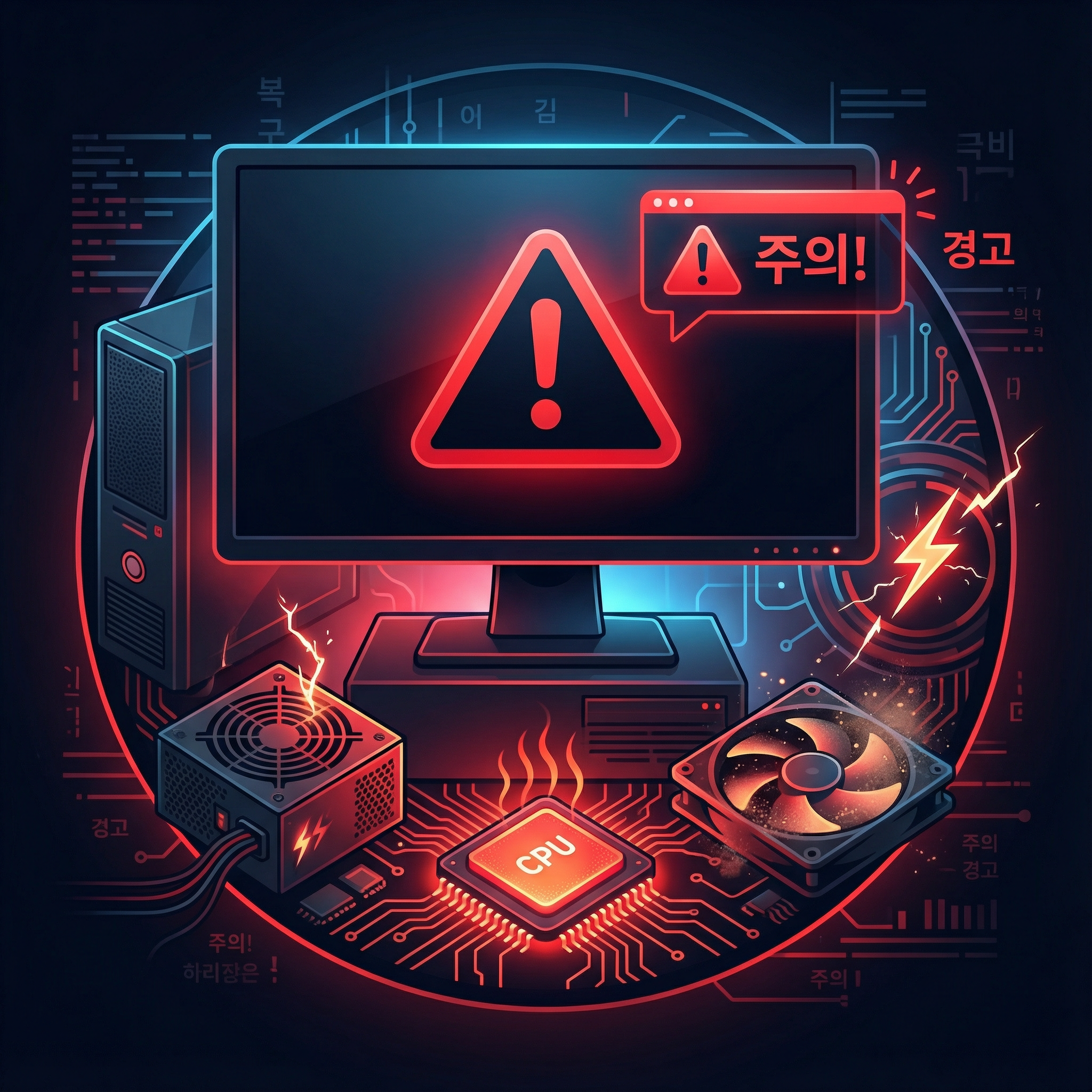과열된 CPU, 먼지 쌓인 팬, 불꽃 튀는 파워 등 문제 상황 표현
