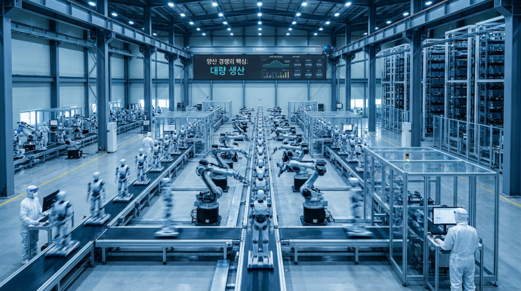 휴머노이드 로봇이 대량으로 생산되는 첨단 공장의 모습입니다. 양산 규모와 속도를 강조