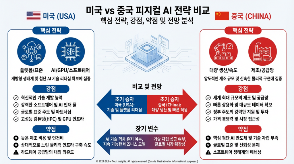 핵심 전략, 강점, 약점, 초기 승자, 장기 변수를 양국 간 비교한 깔끔한 인포그래픽