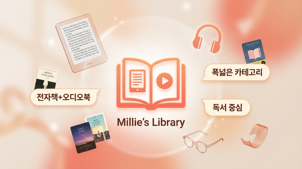 전자책+오디오북 통합, 폭넓은 카테고리, 독서 중심 등 밀리의서재 강점을 표현했습니다.