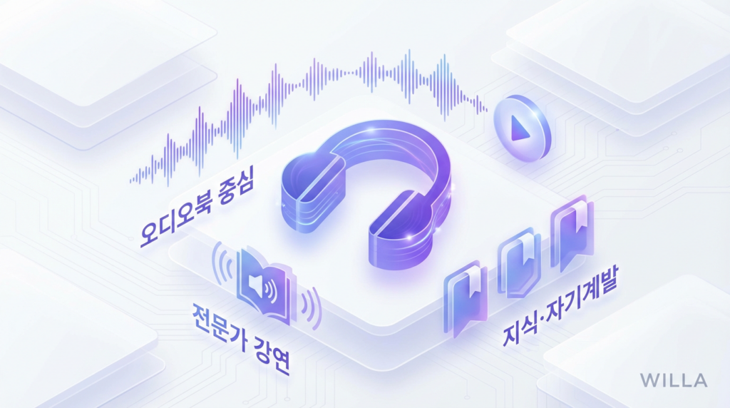 오디오북 중심, 전문가 강연, 지식·자기계발 등 윌라의 핵심 특징을 시각화했습니다.