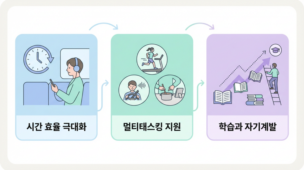 시간 효율, 멀티태스킹, 학습 자기계발 등 3가지 핵심 가치를 보여주는 인포그래픽입니다.